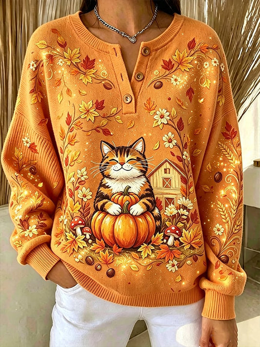 Women's Casual Print Button-Up Collar Knit Top