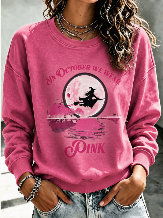 Women'S In October We Wear Pink Printed Round Neck Sports Shirt
