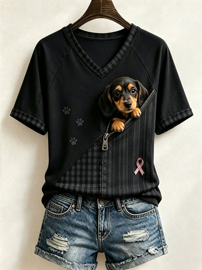 Cute Women'S Spliced T-Shirt Adorned With A Dachshund Pattern And Artwork