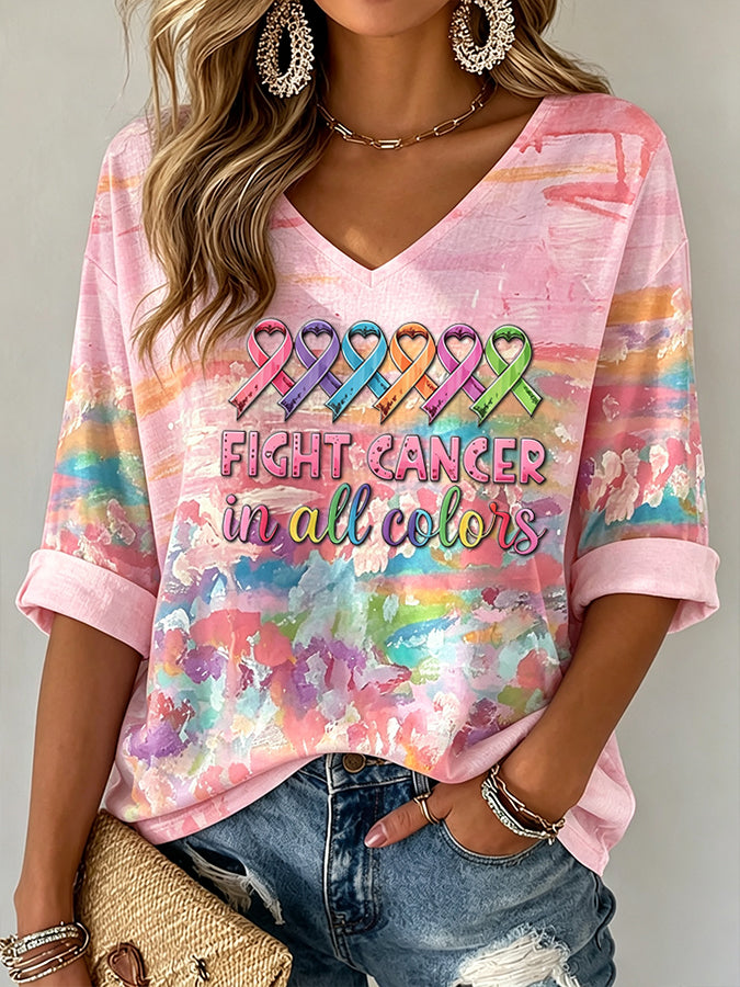 Women'S Cancer Awareness Main Pattern Printed Mid-Length Sleeves V-Neck T-Shirt