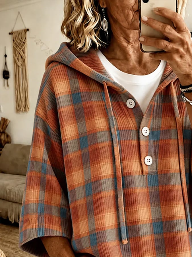 Women's Autumn Plaid Print Ribbed Hoodie