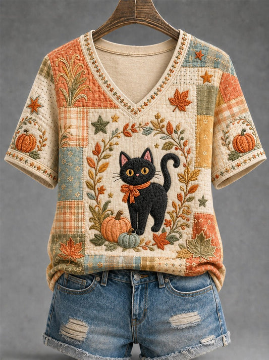 Women's Autumn Floral Plaid Patchwork Black Cat Print T-Shirt