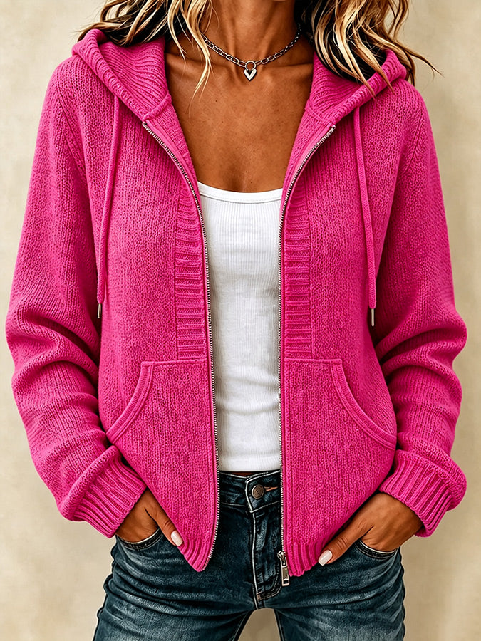 Women'S Casual Village Color Knitted Texture Zipper Hooded
