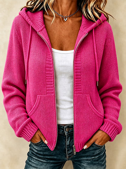 Women'S Casual Village Color Knitted Texture Zipper Hooded