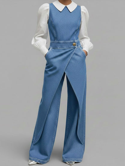 Women's Relaxed Round Neck Sleeveless Casual Loose Denim Wide-leg Jumpsuit