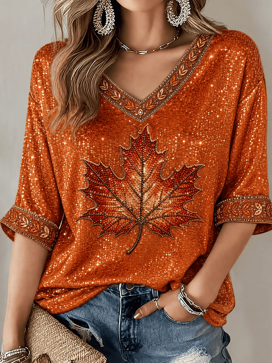 Women's Autumn Season Maple Leaf Comfortable V-Neck Top