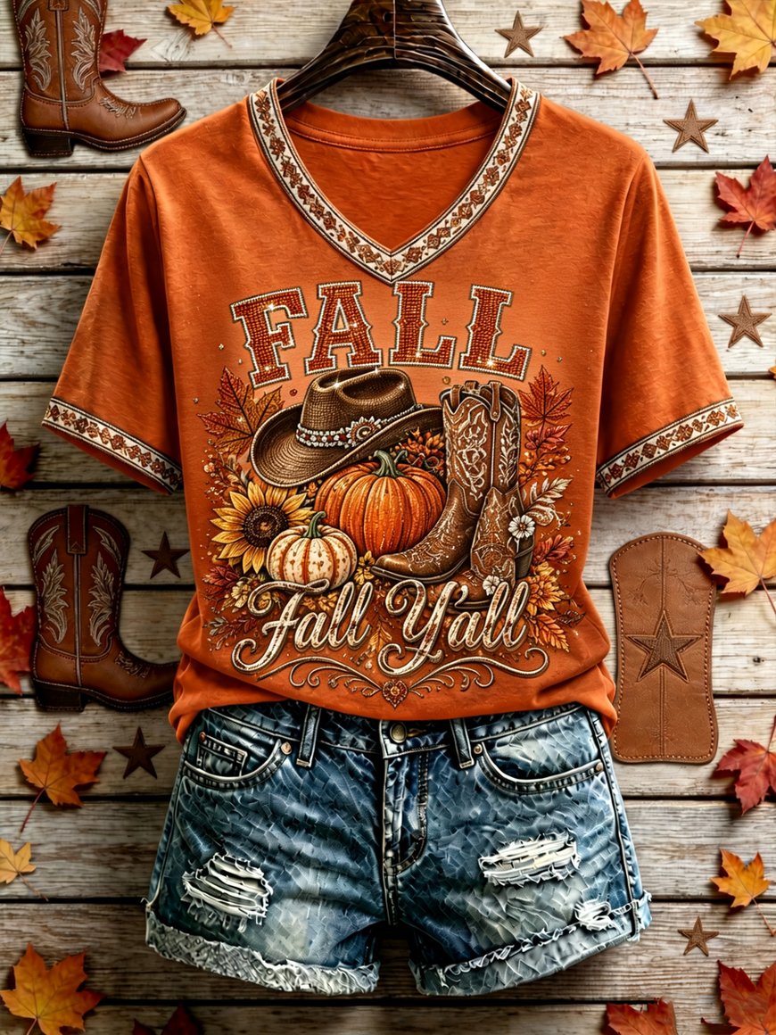 Women's Western Fall Vintage Print T-Shirt
