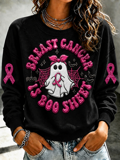 Women'S Pink Patchwork Print Breast Cancer Awareness Crewneck Sweatshirt