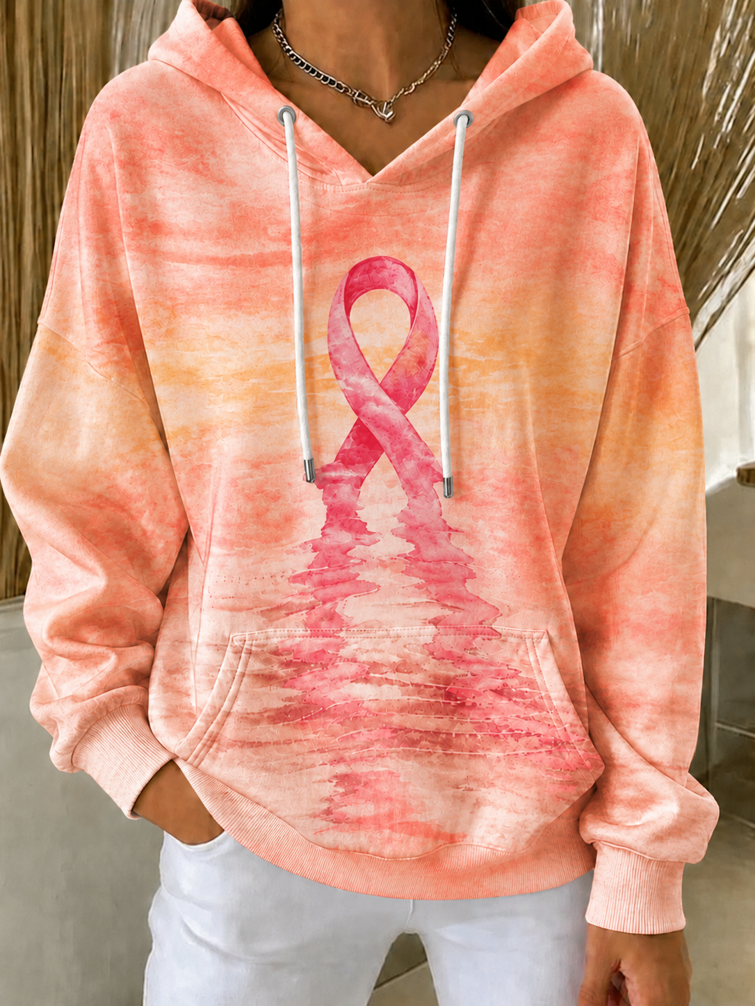 Women'S Breast Cancer Awareness Print Long Sleeve Hooded Sweatshirt
