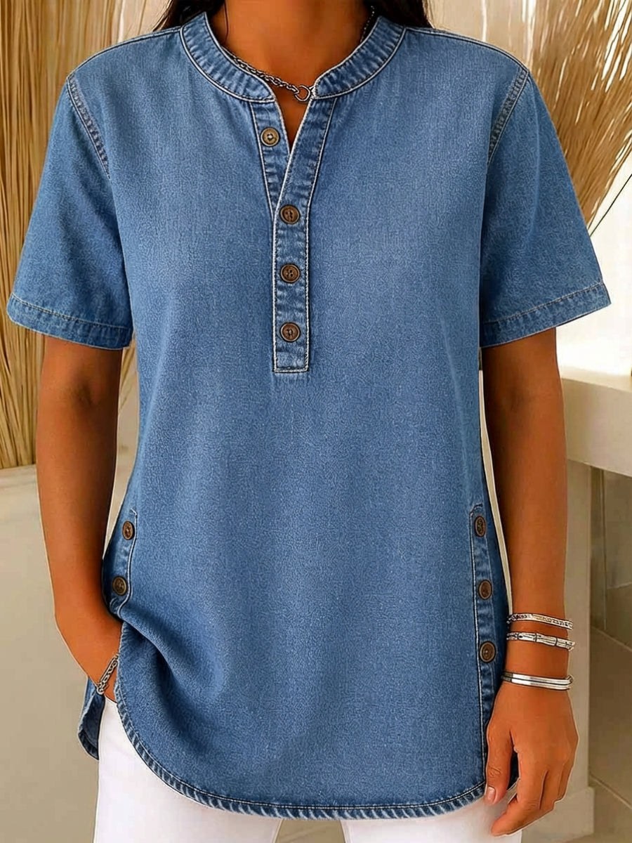 NatureQueens Women's Loose Denim Top - V Neck Short Sleeve Casual Button Up Cotton Blouse