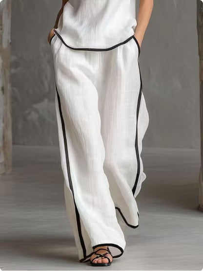 🌷🌷Contrast Trim Sleeveless Top & Wide-Leg Pants Two-Piece Set