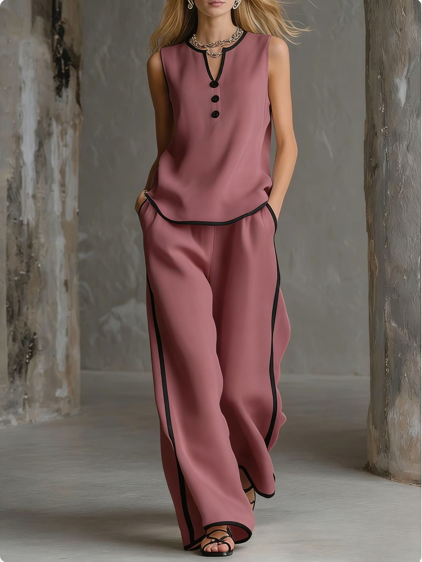 🌷🌷Contrast Trim Sleeveless Top & Wide-Leg Pants Two-Piece Set