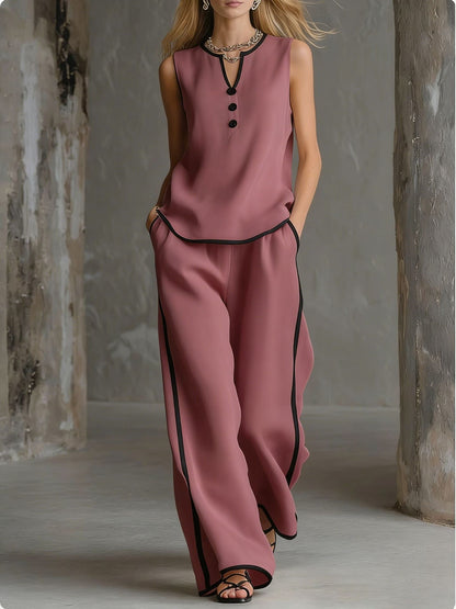 🌷🌷Contrast Trim Sleeveless Top & Wide-Leg Pants Two-Piece Set
