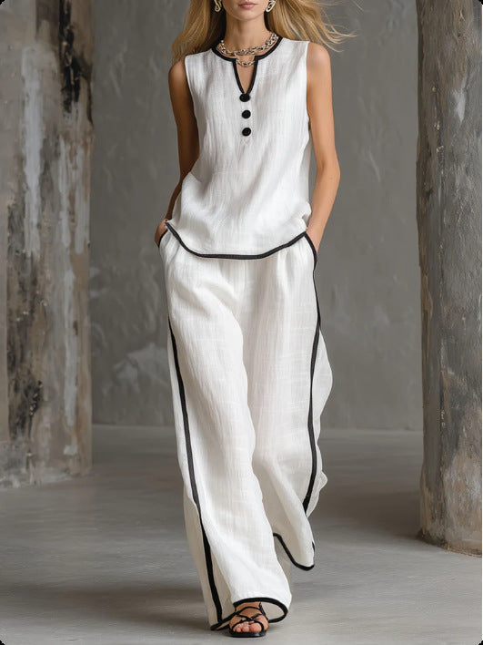 🌷🌷Contrast Trim Sleeveless Top & Wide-Leg Pants Two-Piece Set