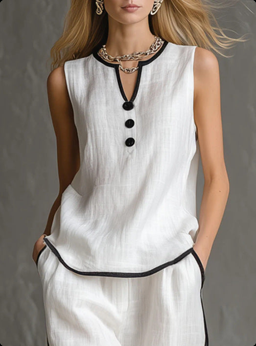 🌷🌷Contrast Trim Sleeveless Top & Wide-Leg Pants Two-Piece Set