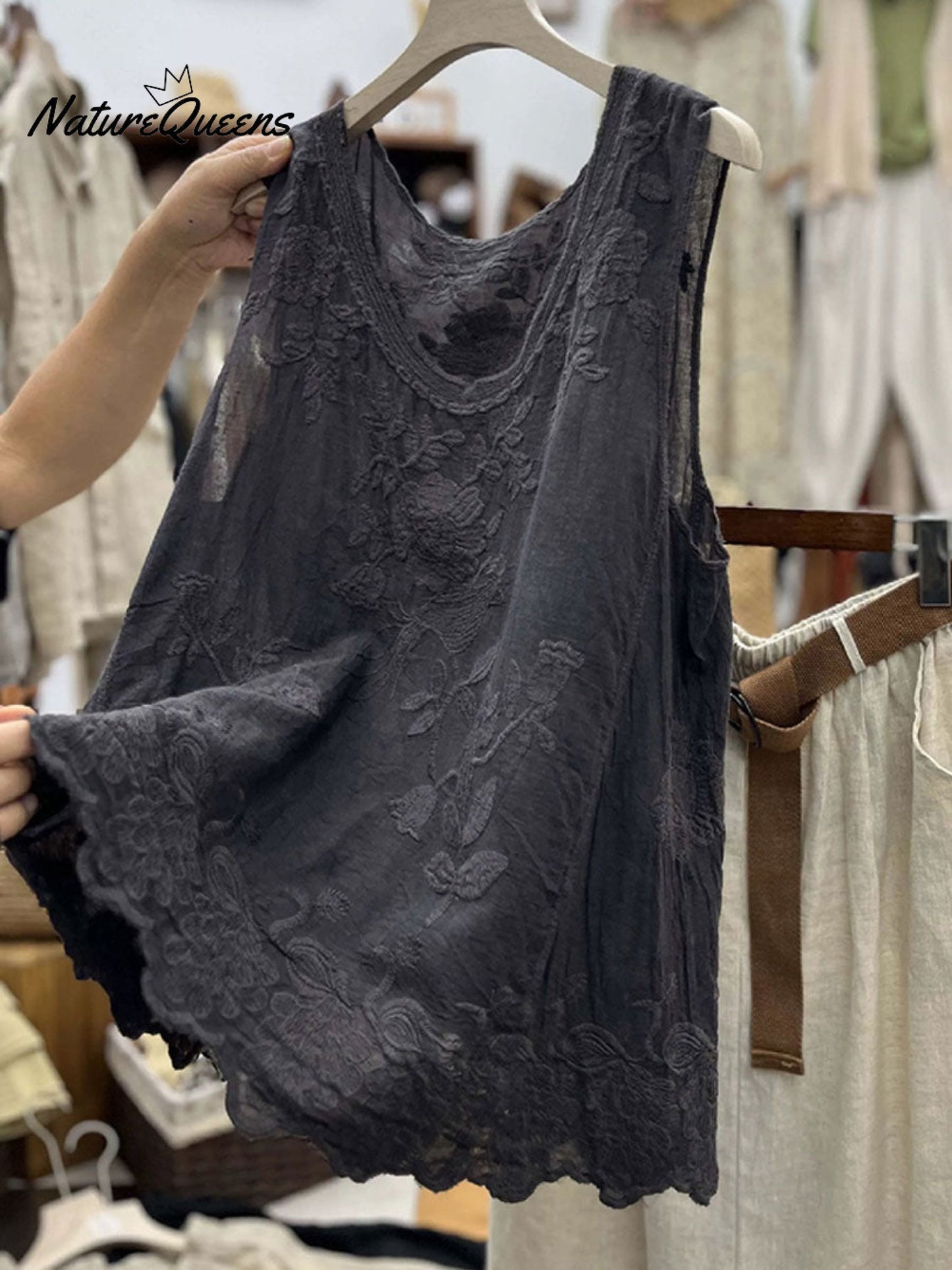 Women's  Vintage Lace Sleeveless Cotton and Linen Vest Top