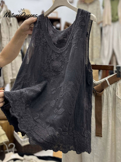 Women's  Vintage Lace Sleeveless Cotton and Linen Vest Top