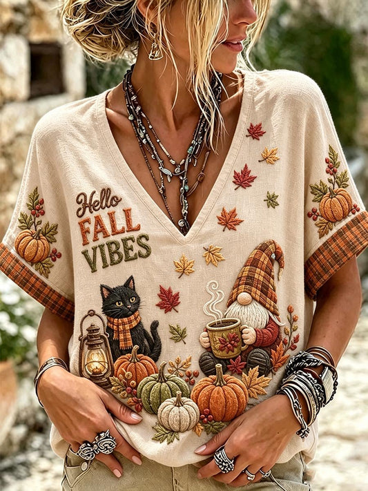 Women's Autumn-Vibe Top Featuring Maple Leaves, Gnomes, and a Black Cat