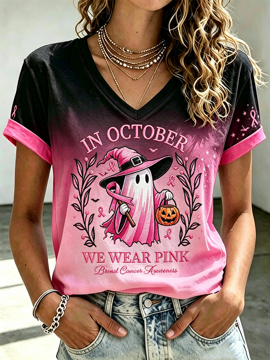 Women'S Casual Gradual Change Halloween Breast Cancer Printed T-Shirt