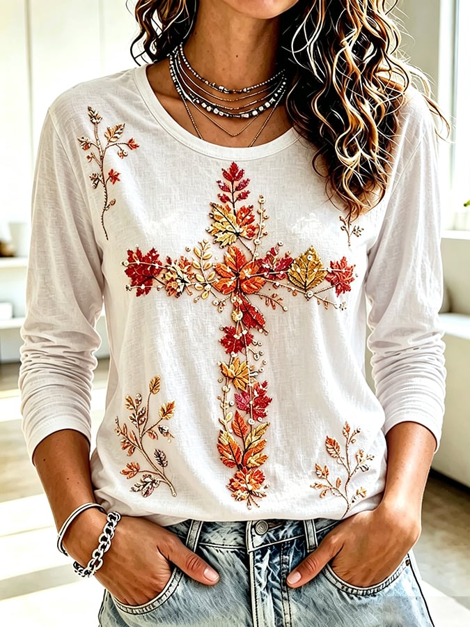 Women's  Retro Autumn Cross Print T-shirt