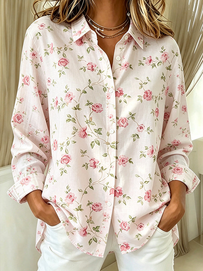 Women's Rose Pink Print Lapel Long Sleeve Shirt