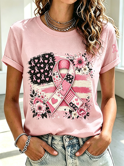 Women'S Pink Ribbon Flag Flower Breast Cancer Awareness T-Shirt