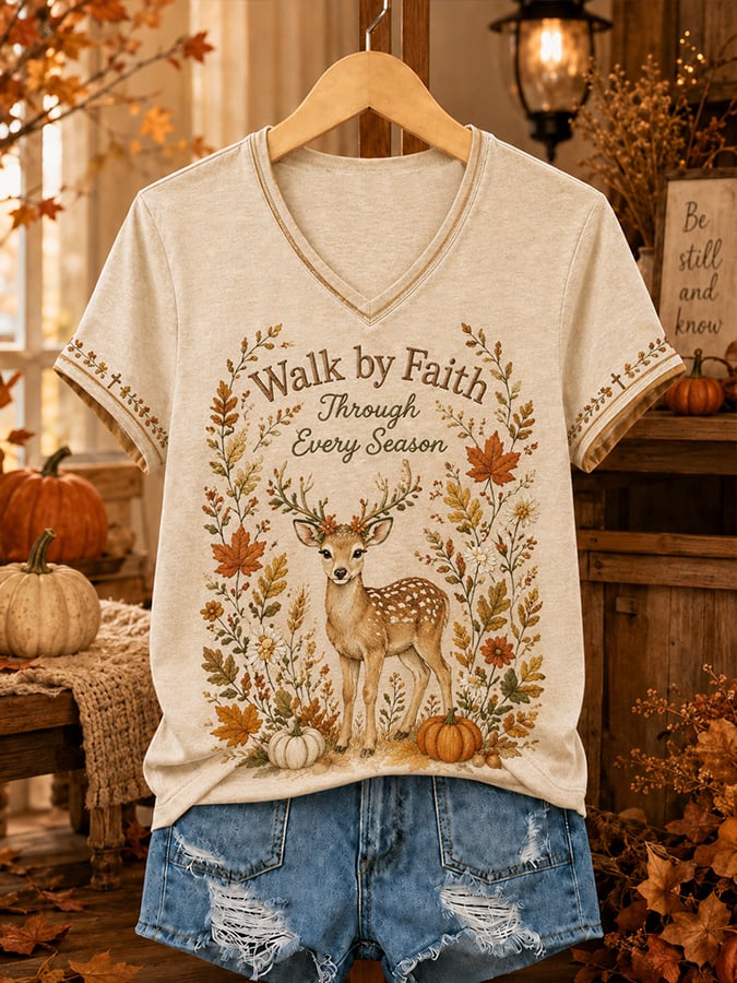 Women's Casual V-Neck Top with "Faith" Print for Autumn