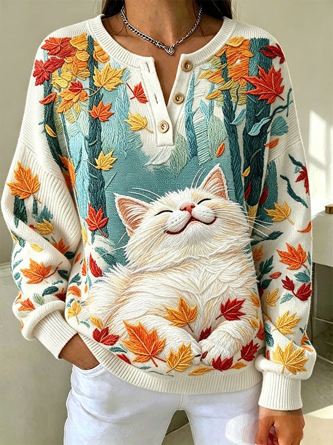 Women's Casual Print Button-Up Collar Knit Top