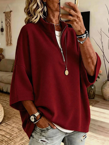 Women's Solid-Color Waffle-Knit Loose Half-Zip Sweatshirt