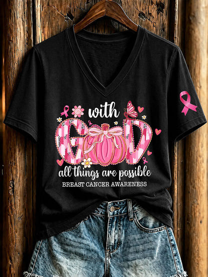 Women'S Breast Cancer Awareness And Ghost Witch Halloween Support Printed T-Shirt