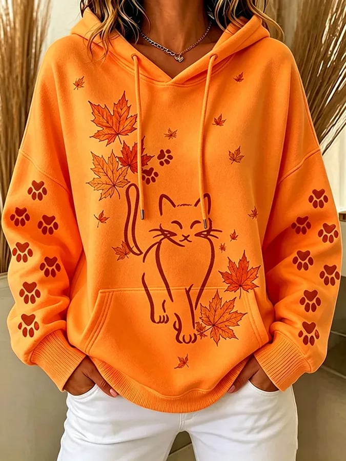 Women's Autumn  Fall Cat Printed Hoodie
