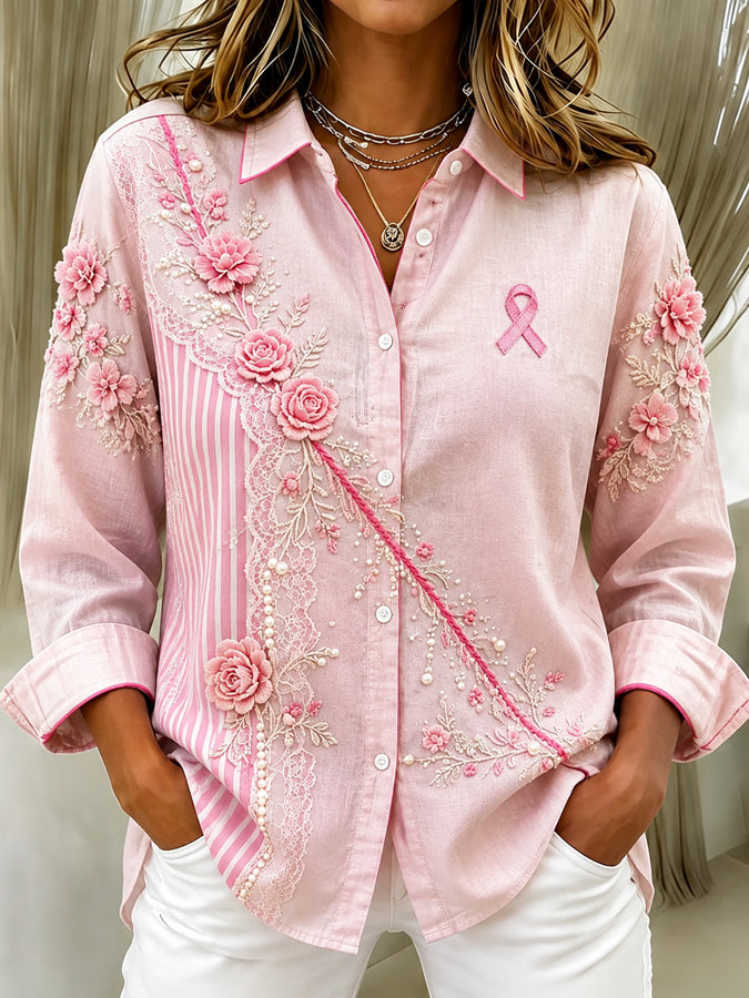 Women's Floral Lace Splicing Casual Print Lapel Long Sleeve Shirt