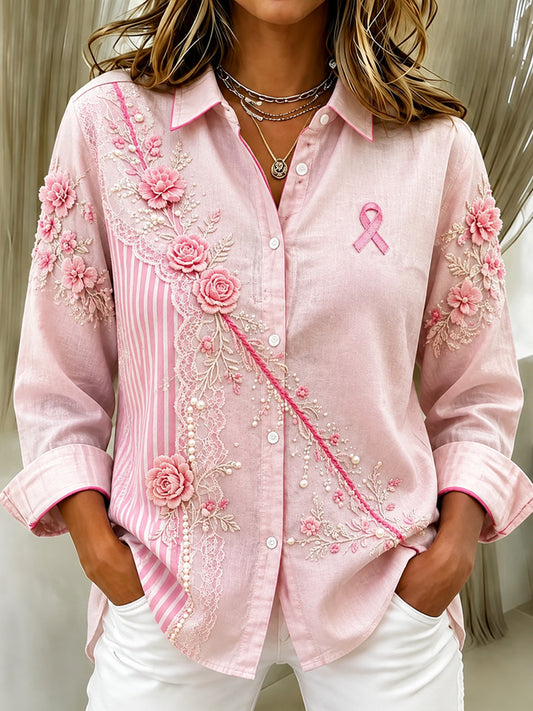 Women's Floral Lace Splicing Casual Print Lapel Long Sleeve Shirt