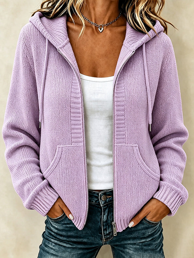 Women'S Casual Village Color Knitted Texture Zipper Hooded
