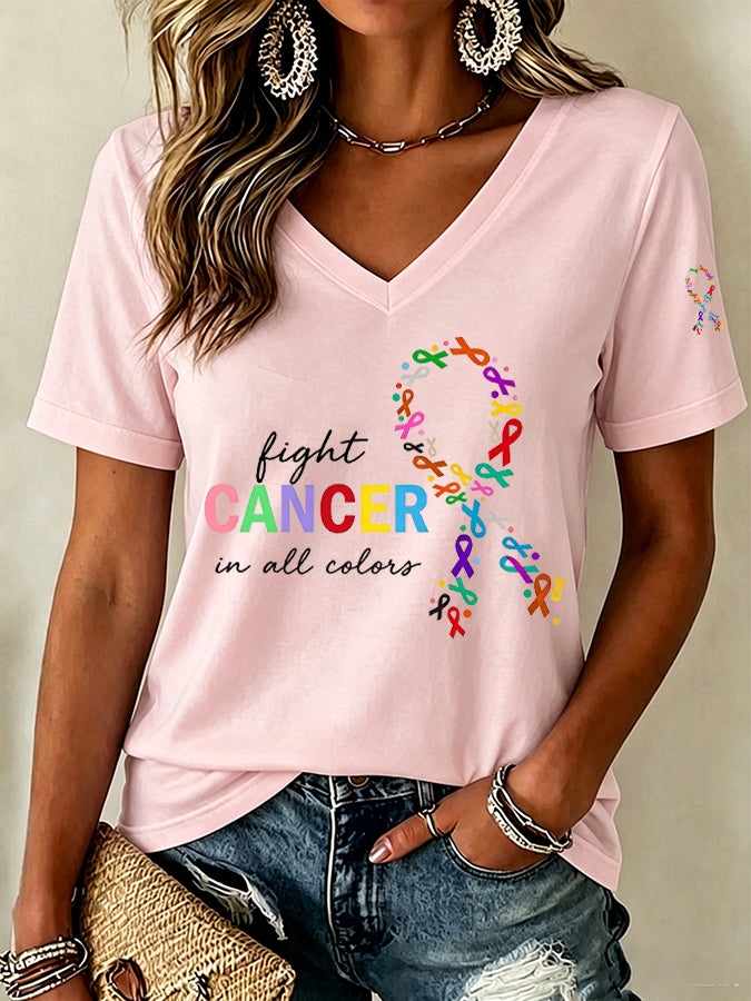 Women'S Fight Cancer In All Color Printed V-Neck T-Shirt
