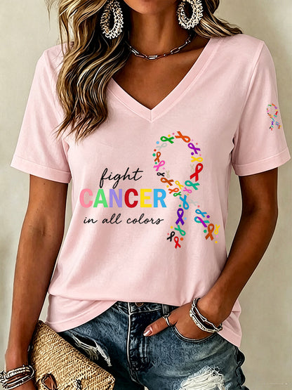 Women'S Fight Cancer In All Color Printed V-Neck T-Shirt