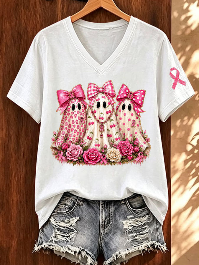 Women'S Breast Cancer Awareness And Ghost Witch Halloween Support Printed T-Shirt