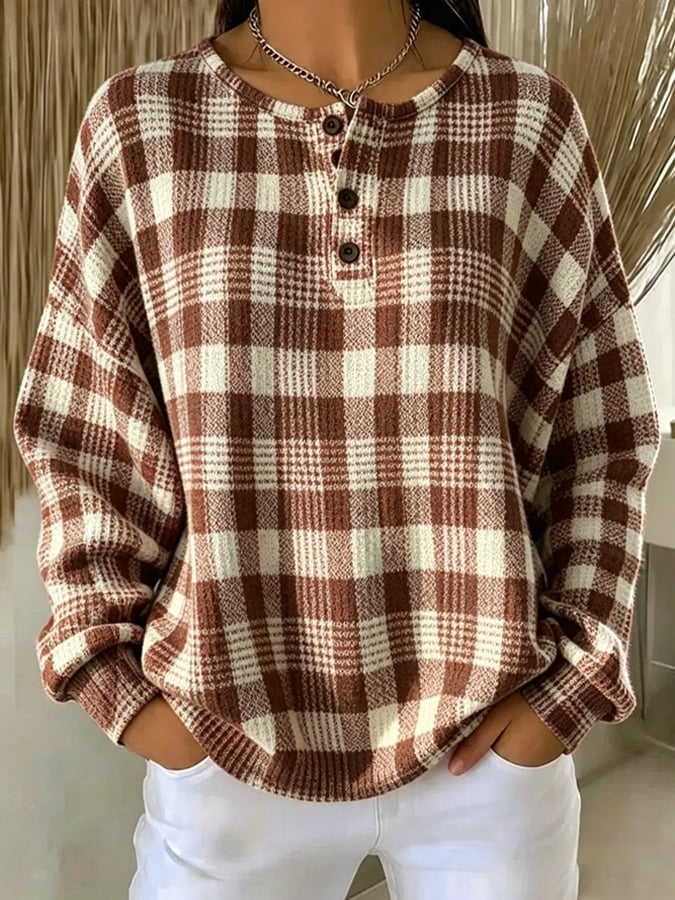Women's Casual Printed Waffle-Knit Henley Sweatshirt