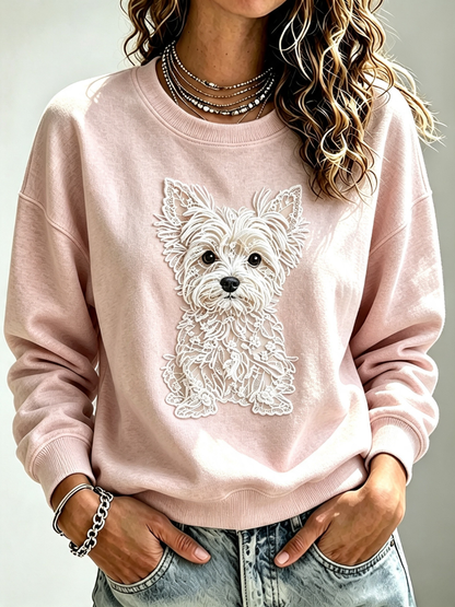 Women'S Embroidered Casual Printed Hoodie With Puppy Embroidery