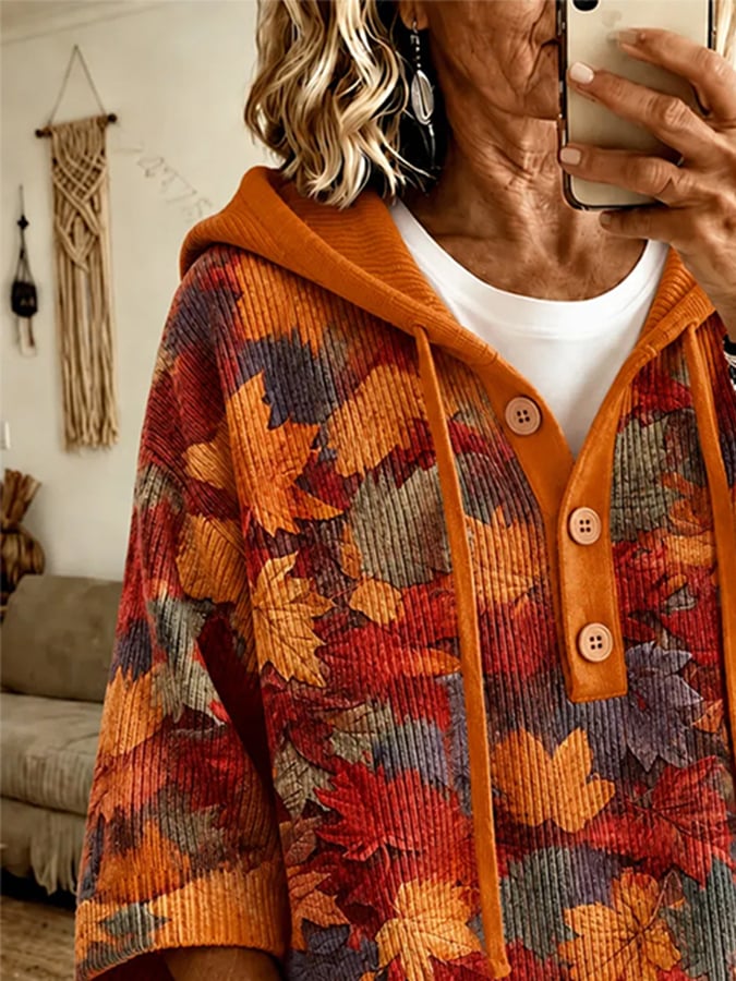 Women's Autumn Plaid Print Ribbed Hoodie