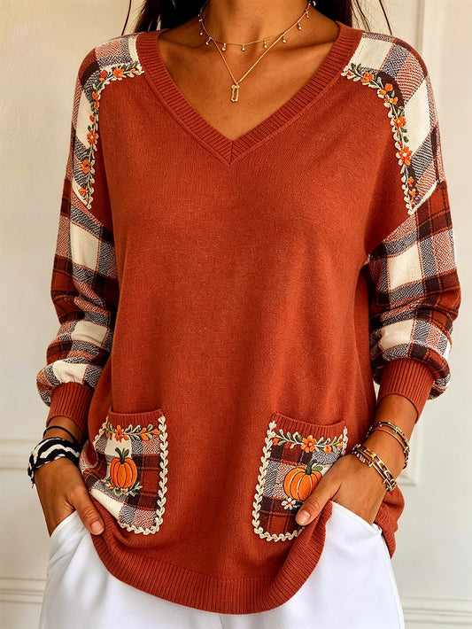 Women's Autumn Collection Printed V-Neck Long-Sleeve T-Shirt