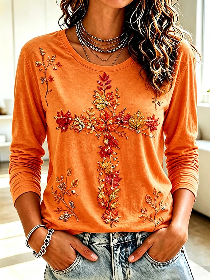 Women's  Retro Autumn Cross Print T-shirt