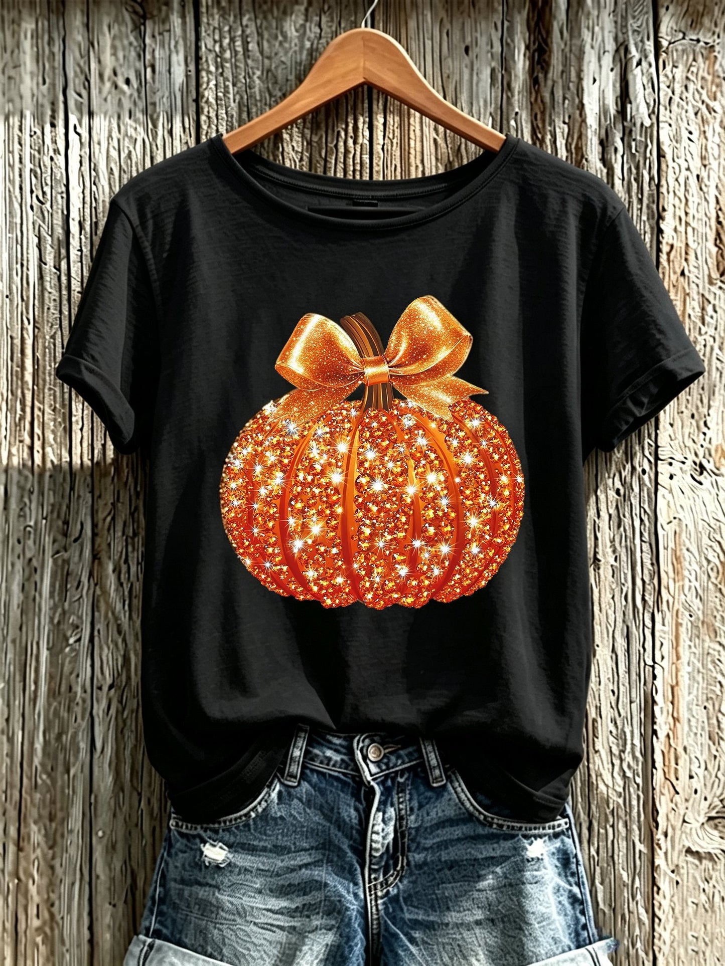 Women's Autumn Sequin Pumpkin Print Crew Neck T-Shirt