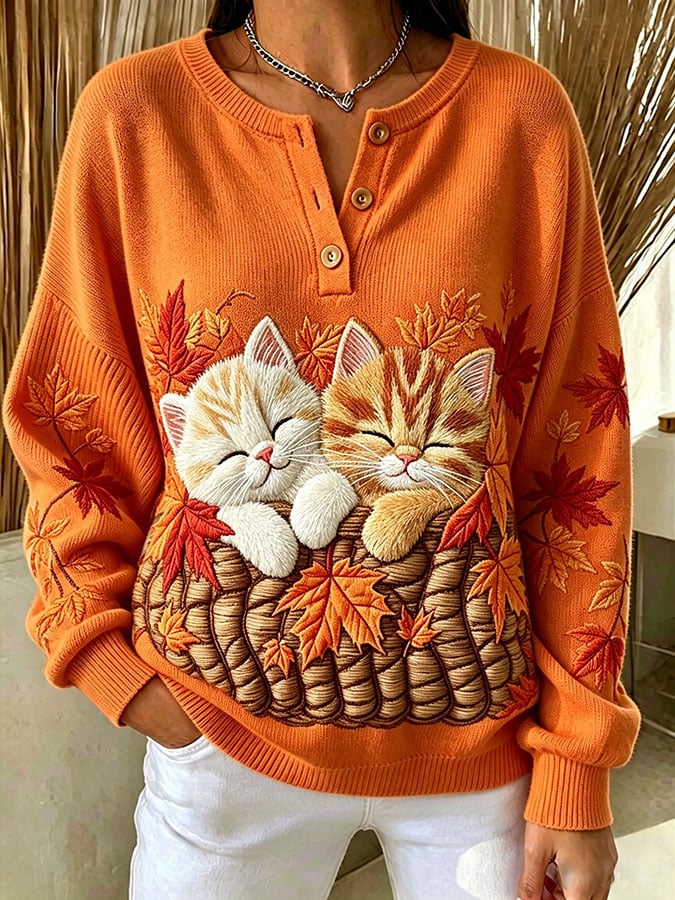 Women's Casual Print Button-Up Collar Knit Top