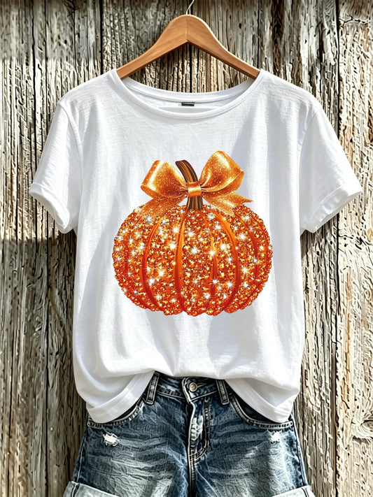 Women's Autumn Sequin Pumpkin Print Crew Neck T-Shirt