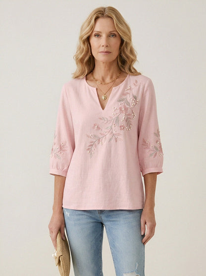 Women's Breast Cancer Awareness Floral Pearl Embroidered Printed Top