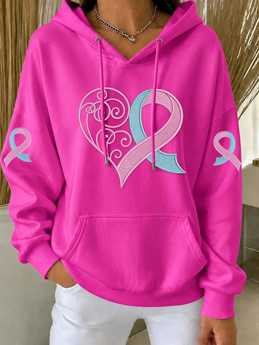 Women'S Retro Breast Cancer Awareness Love Printed Long Sleeve Hoodie