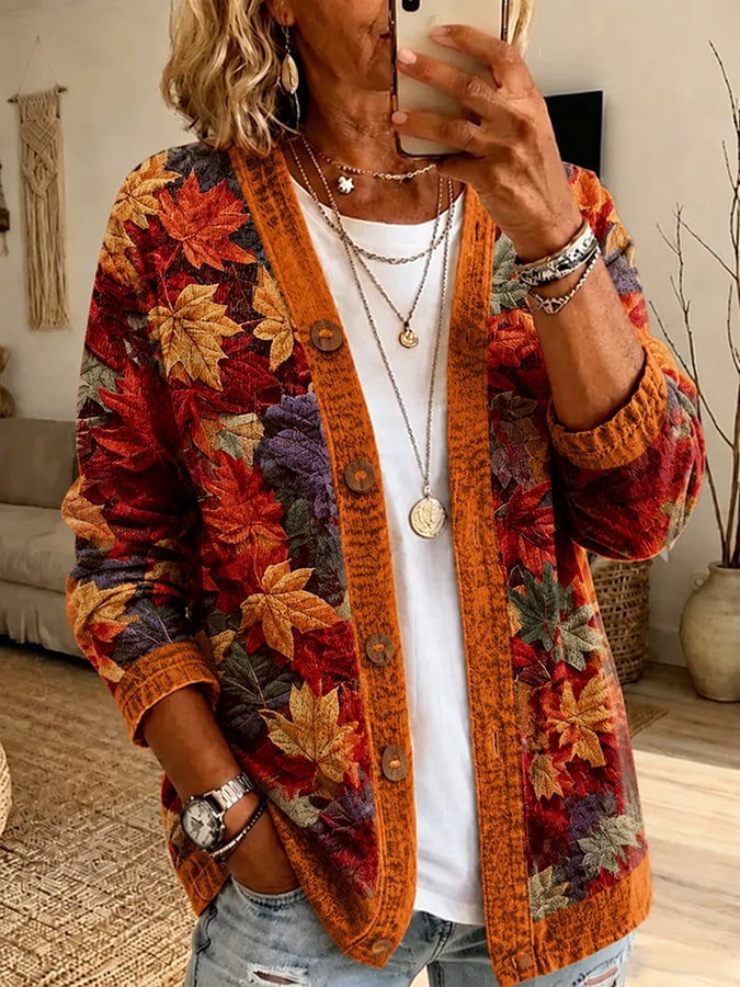 Women's Autumn Fallen Leaf Print Cardigan