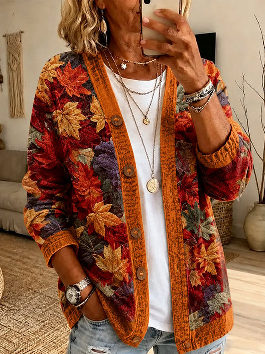 Women's Autumn Fallen Leaf Print Cardigan