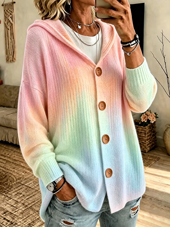 Ladies' Casual Gradient Knitted Hooded Long Sleeved Cardigan